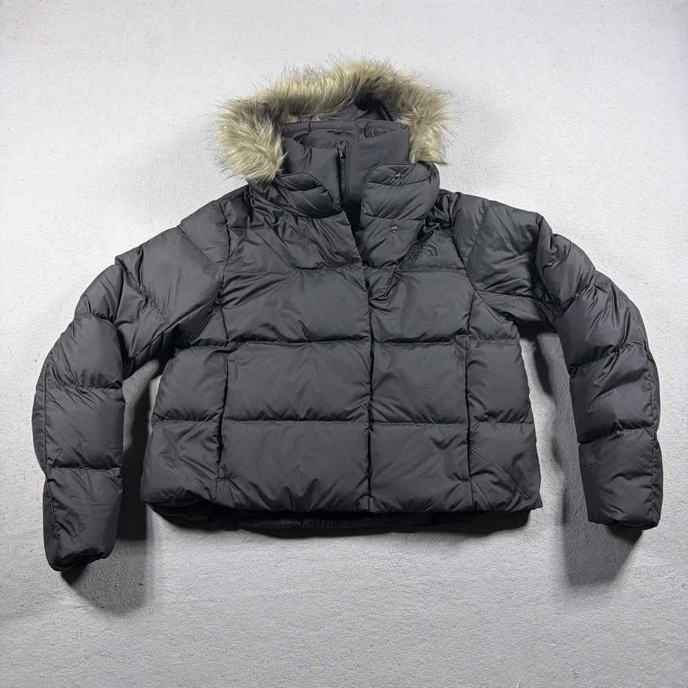 North Face Jacket Womens Medium Gray Hooded Down Puffer Faux Fur Coat NF0A5GDV
